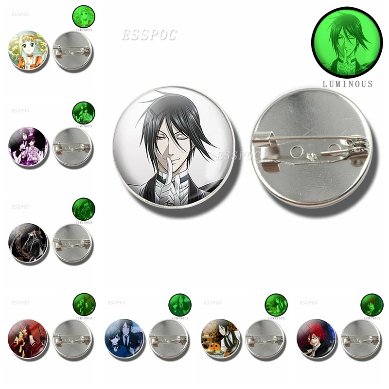 

Fashion Anime Black Butler Glass Dome Brooch Silver Pendant Luminous Badge Kuroshitsuji Ciel Phantomhive Sebastian Red Gift
