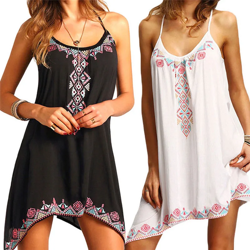 

Sexy Women Casual Summer Sleeveless Mini Dress Vintage Print Beach Sundress Bikini Cover-Ups Swimwear
