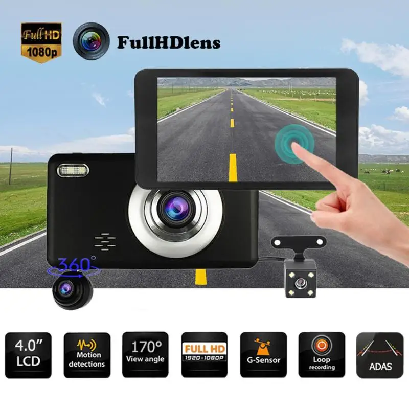 

VODOOL 4.0" IPS Touch Screen Car DVR Camera 1080P Full HD 170 Degree 3 Lens Digital Video Recorder Camcorder G-sensor Dash Cam