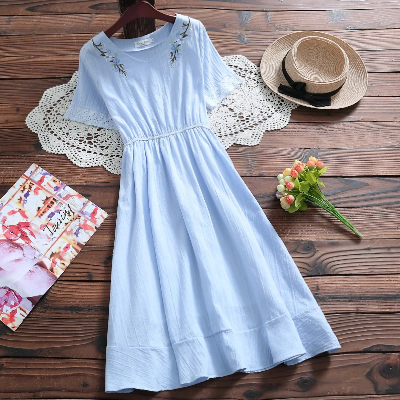 

Apricot,Blue Summer Dress 2019 New Women V-neck Flower Embroidery Cotton Dresses Mori Girl Sweet Clothing