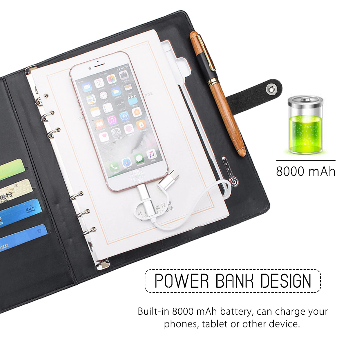 Бизнес блокнот Многофункциональный A5 power Book 8000 mAh power Bank Qi Беспроводная зарядка записная книжка Переплетчик дневник на спирали планировщик