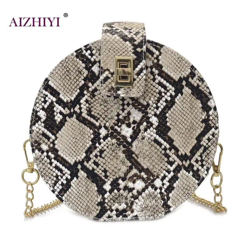 

Female Fashion Casual Snake Print Retro Serpentine Chain Round Women Crossbody Handbags Small PU Leather Shoulder Messenger Bag