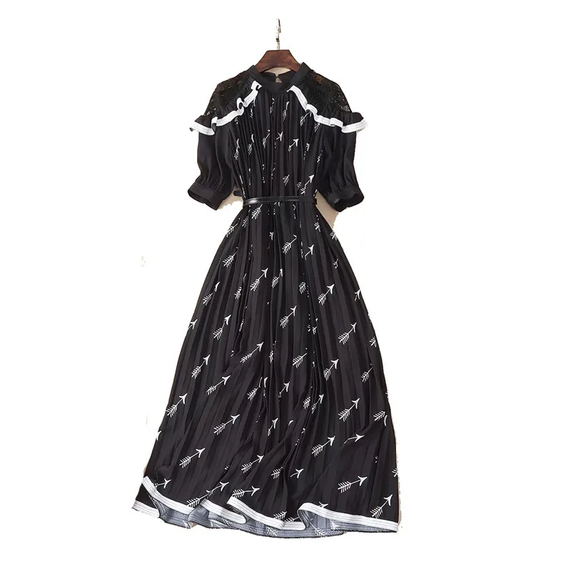 Imprimer Longs Tenue Élégant Fête Vêtements Ruches Designer Manches Noir Robes 2019 Poisson D'été Moitié De Os Femme Femmes Maixi UxH4n55vw6