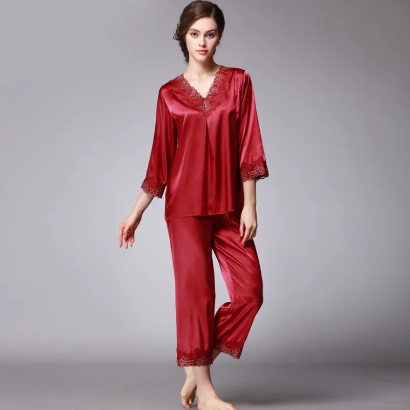 

2019 Pajama Set Fashion Ladies Faux Silk Pajamas Long Sleeve Pants Nightgown Suit Silk Pants Sleepwear Homewear