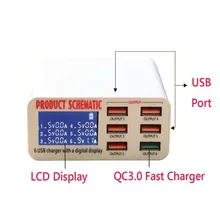 POWSTRO USB зарядное устройство портативный мульти USB порт быстрое зарядное устройство 6 портов USB разъем быстрое зарядное устройство с ЖК-дисплеем для смартфона мобильного телефона