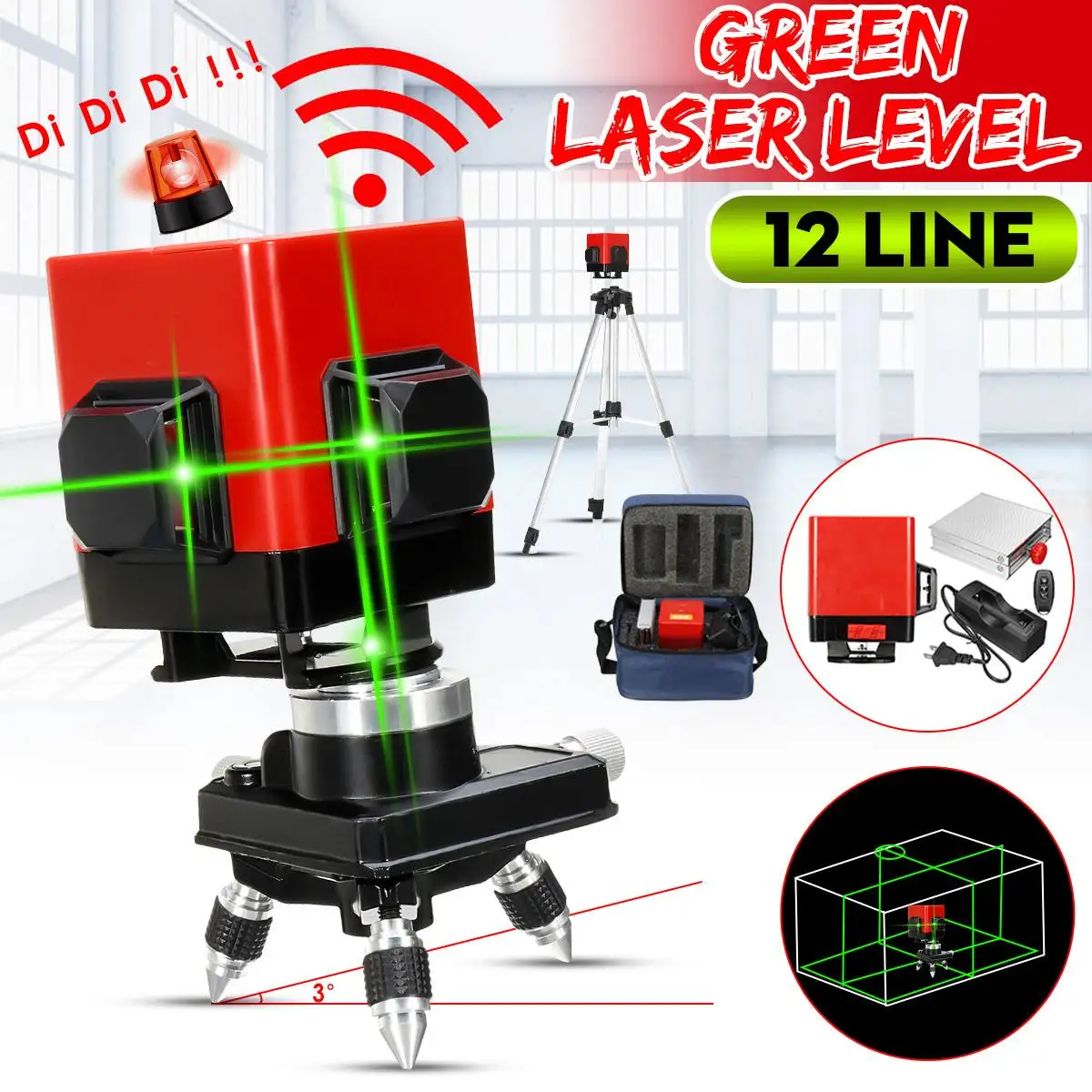 

12 Line Green Light Laser Level 3D 360 Auto Self Floor Tile Leveling Controller Wall Mounted Bracket Tripod Base Conversion
