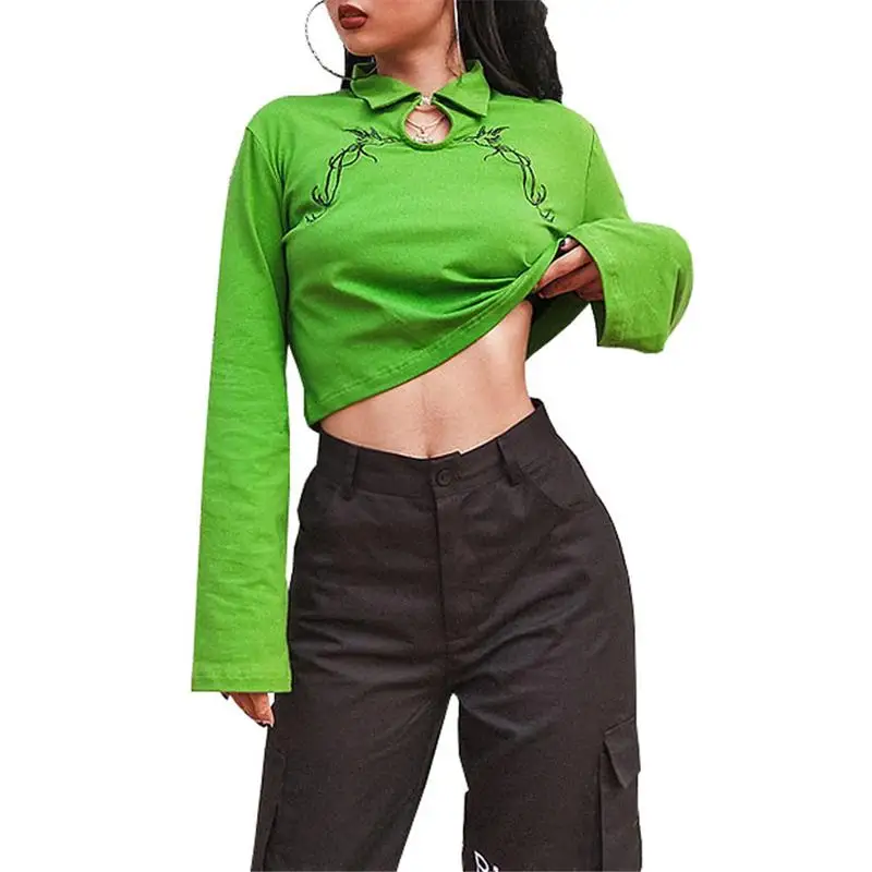 Женская футболка зеленая вышитая рубашка модный, с длинными рукавами Повседневные Топы Весна Camiseta feminina