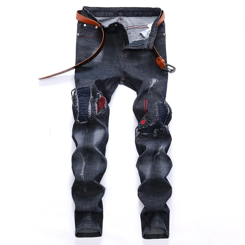 Для мужчин отверстие мотоциклетные брюки для девочек прямые хип хоп Байкер джинсы женщин осень 2018 г. и Новинка зимы морщин лоскутн