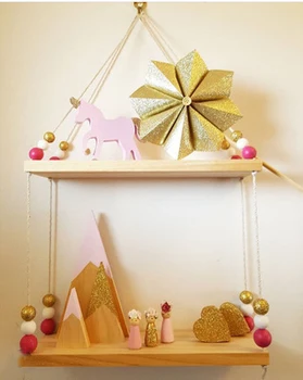 

Cute Decoration Nordic Kids Room Wooden Shelf With Board Pearl Clothes Creative Hanger Wood Beads Shelves For Room Gifts