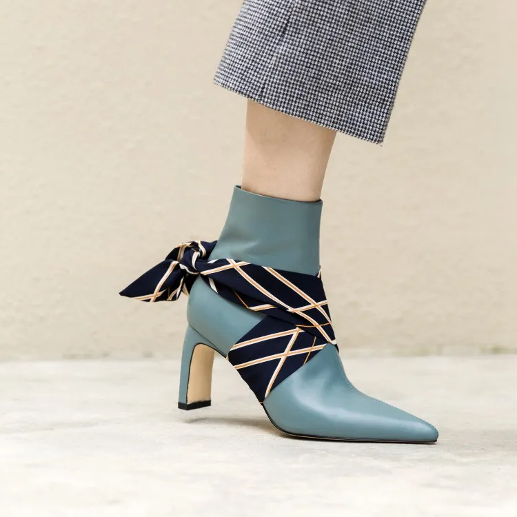 

2019 Elegant Blue Leather Ankle Boots Detachable Riband Embellished Lady Pointed Toe High Heel Autumn Shoes Women
