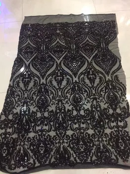 

High Quality BLACK Tassel Sequins Mesh Tulle Lace Fabric Noble Evening Party Wedding Dress Sewing Sequined Embroidered Material