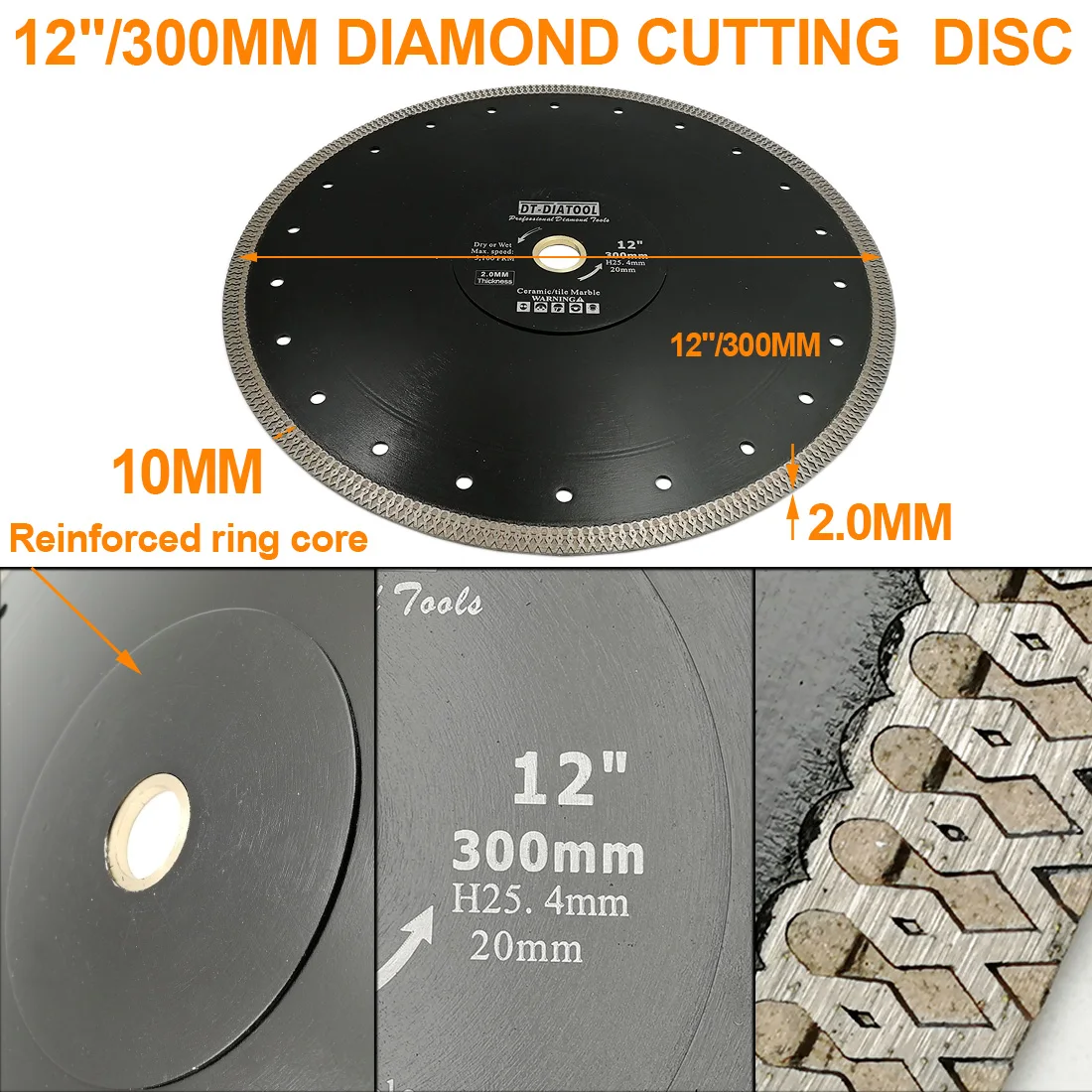 DT-DIATOOL 1unit Dia 12"/300mm Hot-pressed High Quality X Mesh Turbo Dry or Wet Diamond Cutting Disc for Marble Tile Saw Blades