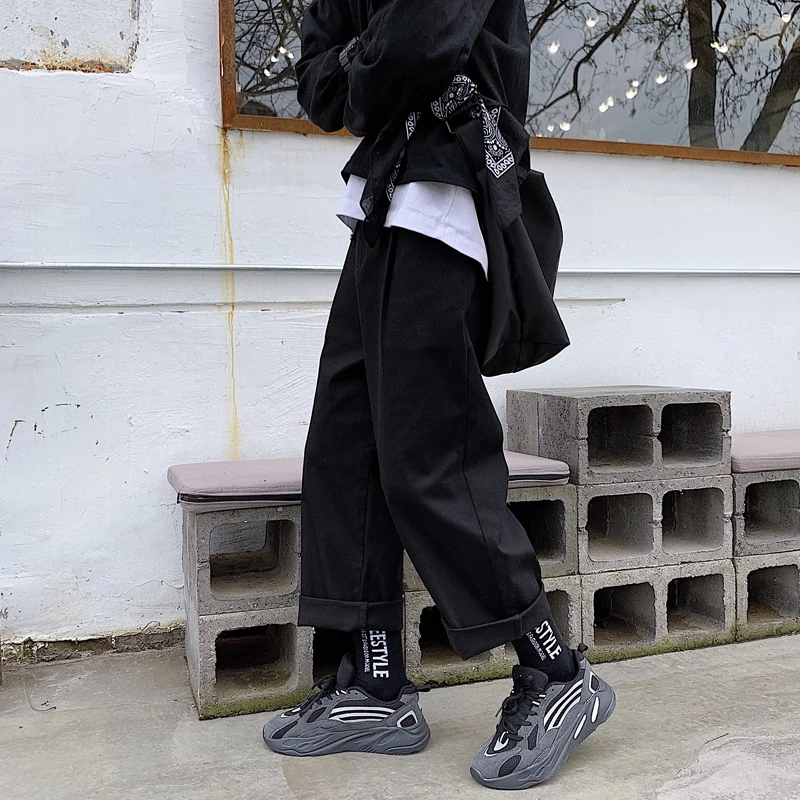 Men's Trousers 2019 Summer New Hong Kong Style Loose Straight Trousers Solid Color Casual Pants Youth Casual Men's Clothing