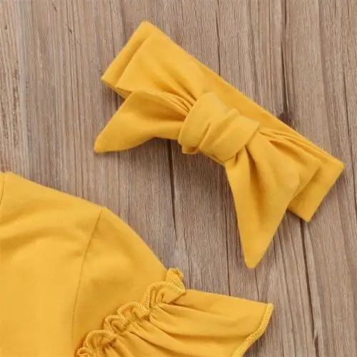 

2019 Brand New 1-6Y Causal Toddler Baby Girls T-Shirts Tops 2PCS Long Sleeve Ruffles Yellow Tees+Headband Outfit Spring Autumn