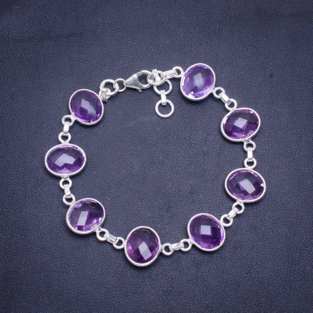 

Natural Amethyst Handmade Unique 925 Sterling Silver Bracelet 7.25-8.25" A3056