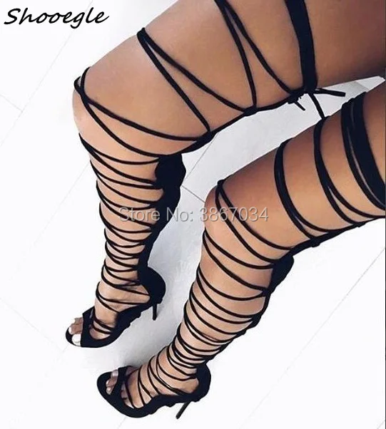 

SHOOEGLE Summer Celebrity Gladiator Sandals Botas Women High Heeled Lace Up Sandal Booties Cross Tied Open Toe Ladies Shoes