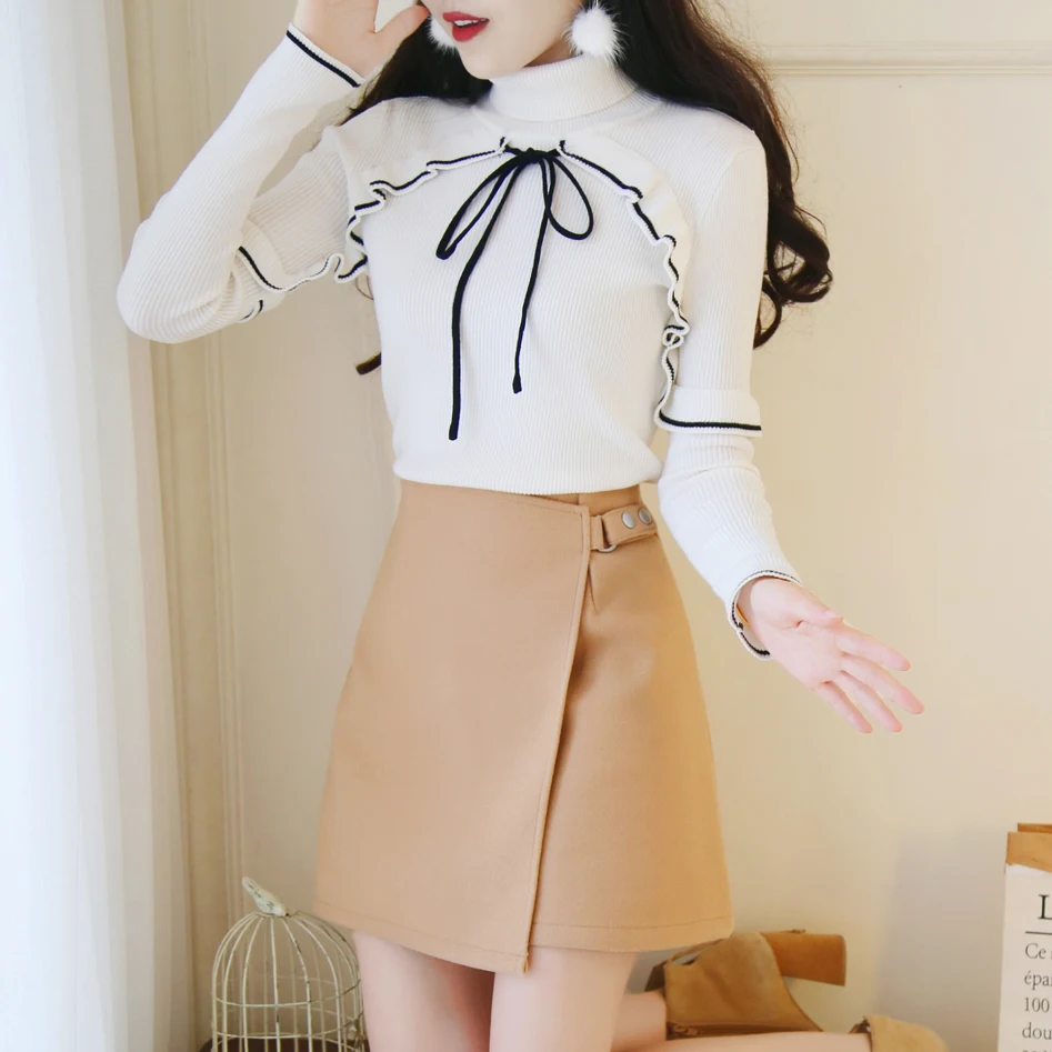 

Students Suit 2019 New Skirt Autumn Winter Two-Piece Clothing Set Women Turtleneck Sweater & Irregular Skirt Vestido Outfit