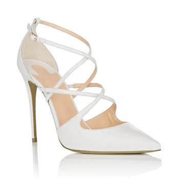

Brand Design Women High Heel Shoes Pointed Toe Cross Strap White Leather Wedding Shoes
