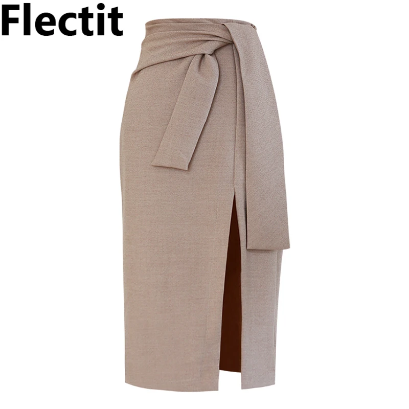 

Flectit Womens Tie Strap Midi Skirt With Front Slit Elegant Solid High Waist Ladies Work Skirt Career Office Outfits