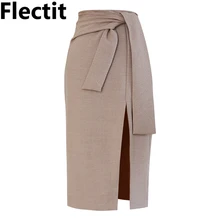 Flectit Womens Tie Strap Midi Skirt With Front Slit Elegant Solid High Waist Ladies Work Skirt Career Office Outfits