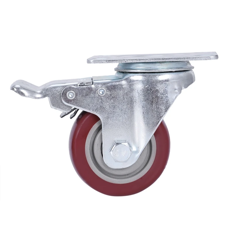 

4 Pack Caster Wheels Swivel Plate with Brake On Red Polyurethane Wheels (3 inch with brake)