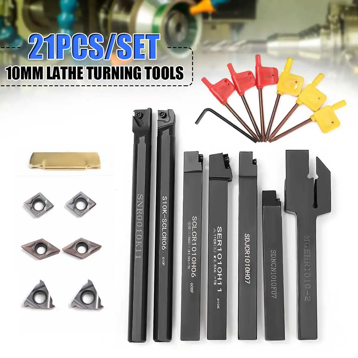

7pcs 10mm Boring Bar Lathe Turning Tool Holder with 7pcs DCMT CCMT Carbide Insert Blades with 7pcs T8 Wrenches Machine Tool Sets
