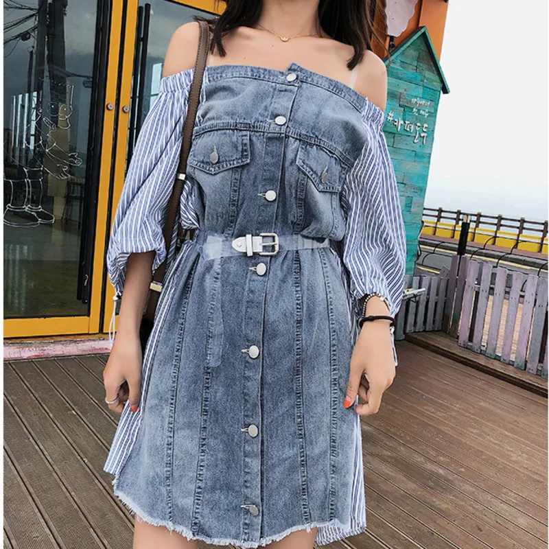 

[EWQ] Spring Summer 2019 New Pattern Slash Neck Three Quarter Striped Patchwork Denim Lace Up Casual Dress Women AE34405L