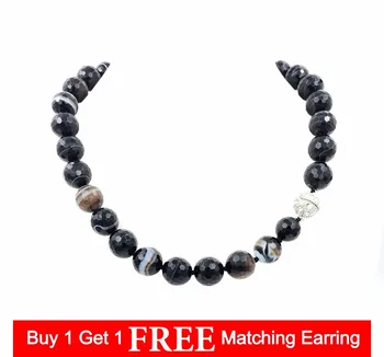 

LiiJi Unique Natural Stone Black Brown Onyx Agates 13mm Round shape Faceted Beads Magnet Clasp Necklace 18'' Fashion Necklace