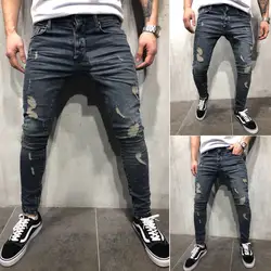 S-4XL обувь для мальчиков мужские рваные джинсы эластичные узкие Slim Fit джинсовые штаны рваные потертые усы эффект мотобрюки модная уличная