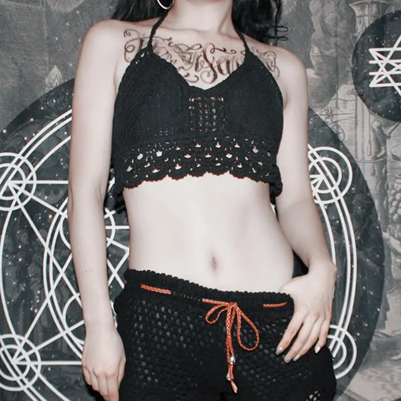 

Summer Sexy Club Punk Gothic Chic Black Women Crop Tops Slim Halter Hollow Mesh Travel Beach Goth Female Fashion Hip Hop Tops