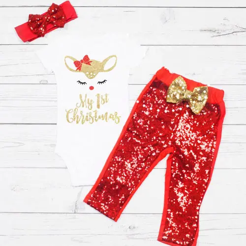 

Newborn Baby Girl My 1st Christmas Romper Sequin Pants Headband Outfits Clothes