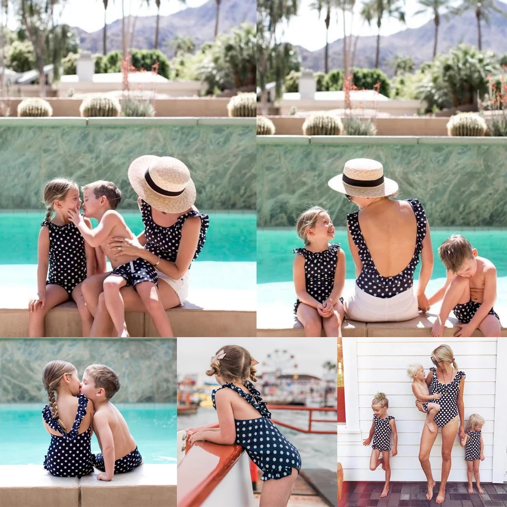 

2019 Family Matching Bikini Mother Daughter Son Swimwear Women Baby Boy Girl One-piece Polka Dot Bathing suit Swimsuit Beachwear