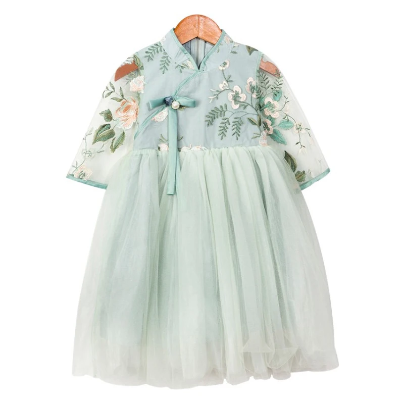 Вышитое цветами китайское платье Ципао в году Тан ханьфу дети традиционный Древний народный костюм дети от 4 до 14 лет кружева qipao