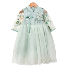 Вышитое цветами китайское платье Ципао в году Тан ханьфу дети традиционный Древний народный костюм дети от 4 до 14 лет кружева qipao