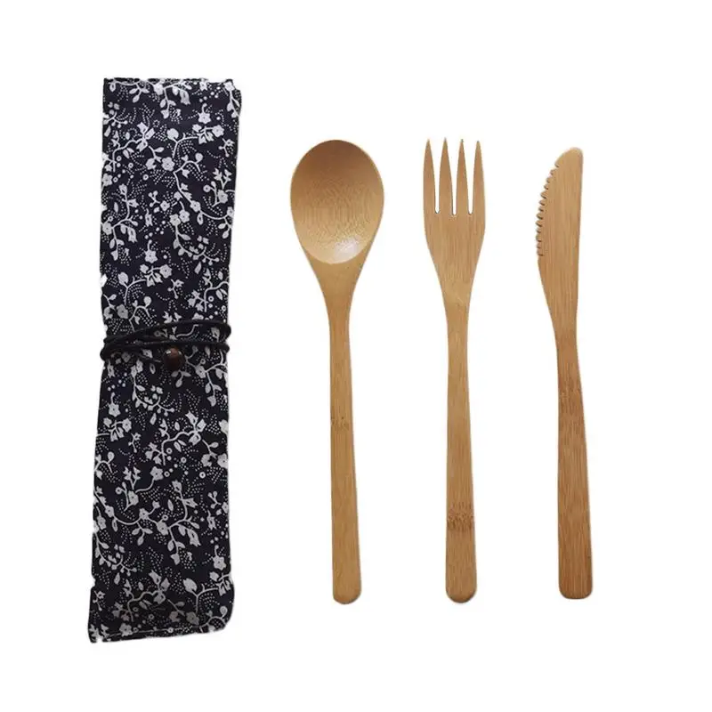 

Dinnerware Set Bamboo Wooden Cutlery Portable Flatware Set Knife, Fork, Spoon With Bag For Home Office Camping Travel Picnic