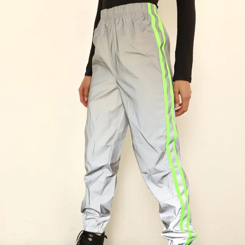 

Fashion Women Patchwork Striped Reflective Pants Harajuku High Waist Trousers Streetwear Sweat Pants