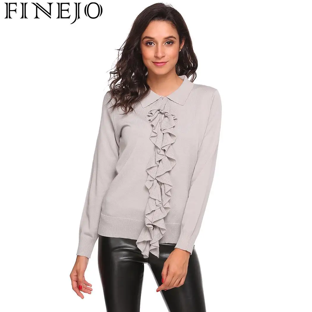 

Women Casual Doll Collar Long Sleeve Solid Ruffle Sweater Cardigan