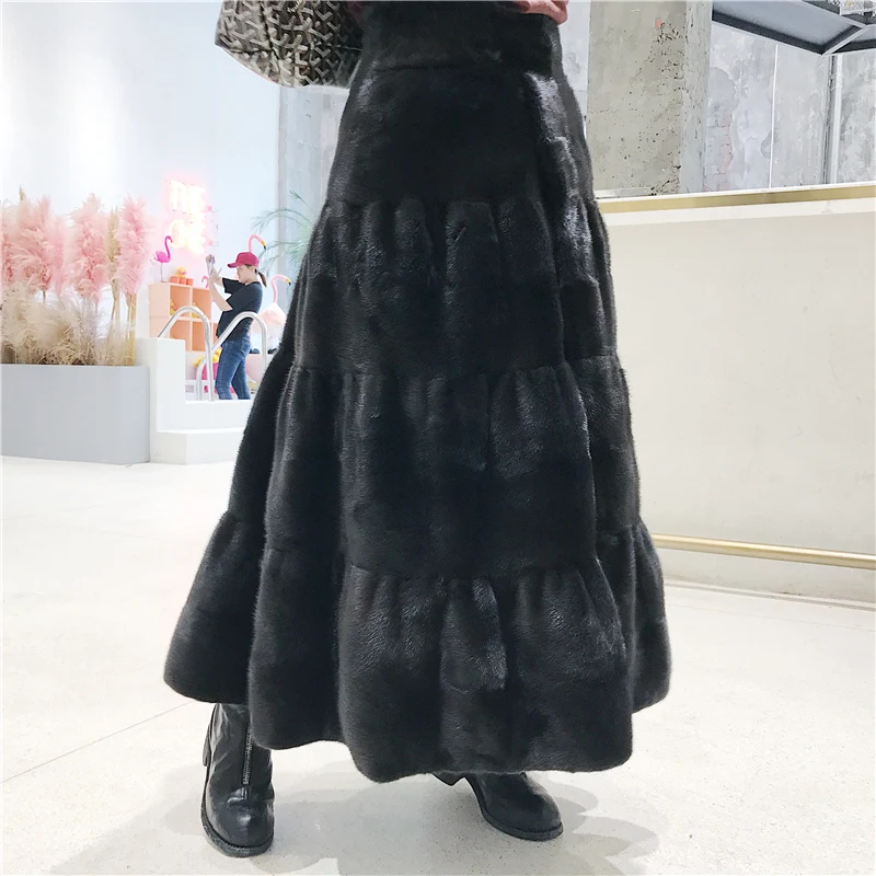 vintage long skirt of real mink fur solid black brown color female winter  warm fur skirt C170