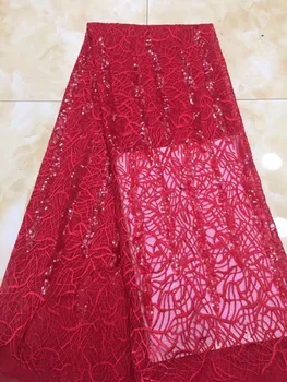 

African Net Sequins Laces 5yard Latest Nigerian Laces 2019 red Color Sequin Fabric for Sewing Dress Tulle Lace Fabric