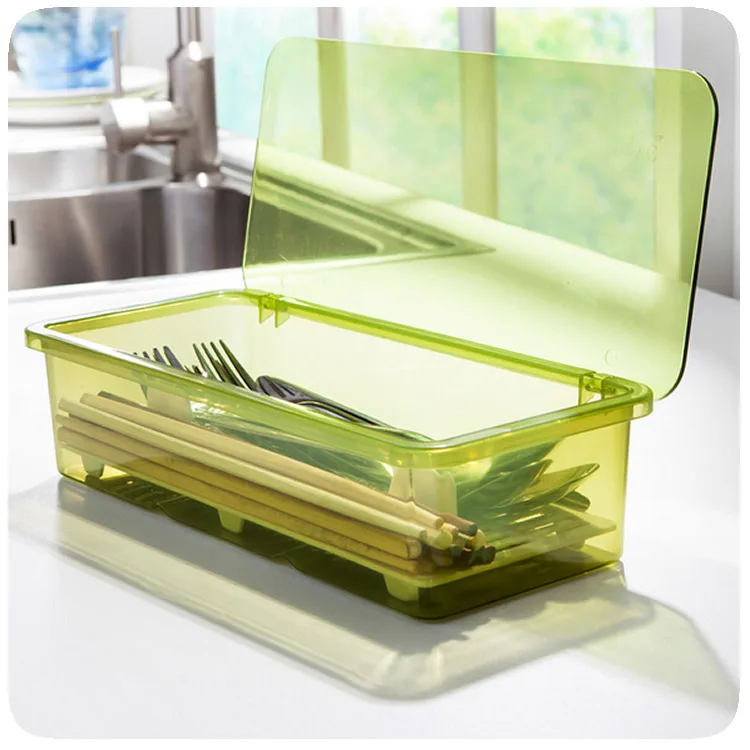 

Simple Drain Dustproof Tableware Storage Box Transparent Chopsticks Spoon Fork Box Case Kitchen Drawer Organizer