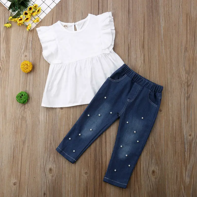 

Toddler Kids Baby Girl Cotton Top T-shirt Denim Pearl Pants Outfits Clothes