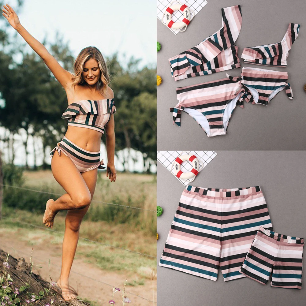 

2019 NEW Summer Family Matching Clothing Striped Swimwear Men Women Boys Girls Bikini Striped Swimsuit