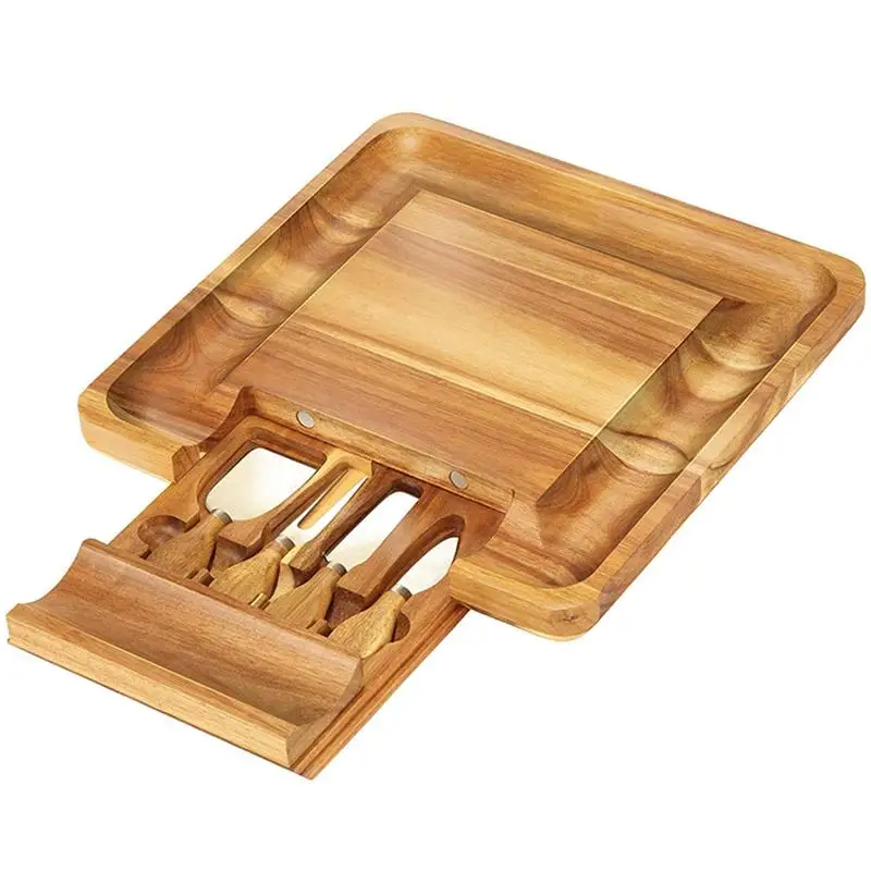 Bamboo Cheese Board With Cutlery Wood Charcuterie Platter Serving