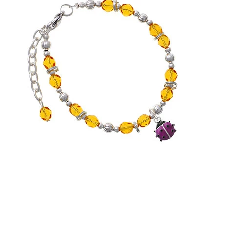 Silvertone Mini Hot Purple Ladybug Yellow Beaded Bracelet |