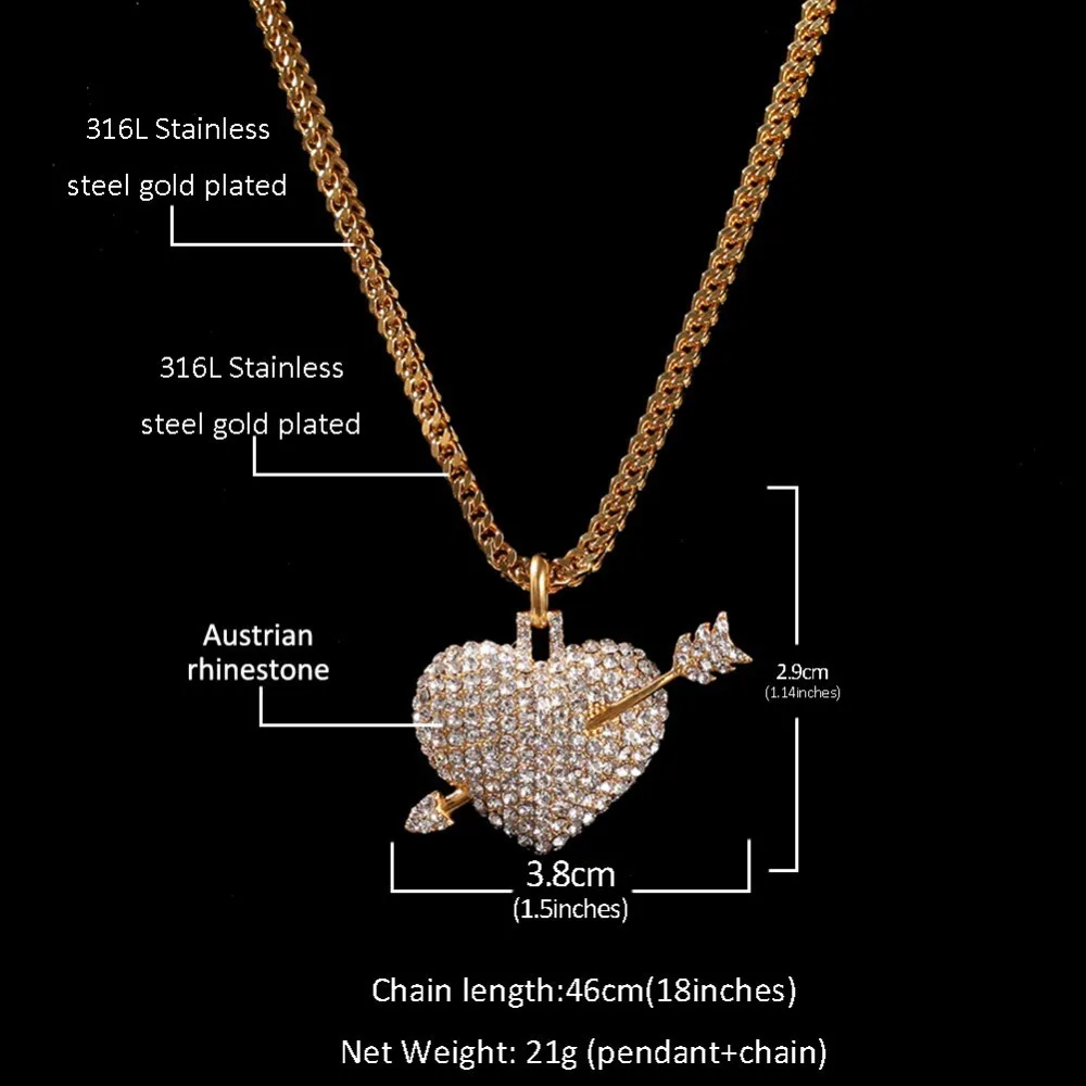 UWIN ожерелье с подвеской в виде сердца со стрелкой из нержавеющей стали, стразы в стиле хип-хоп, ювелирные цепочки для мужчин и женщин, подарки