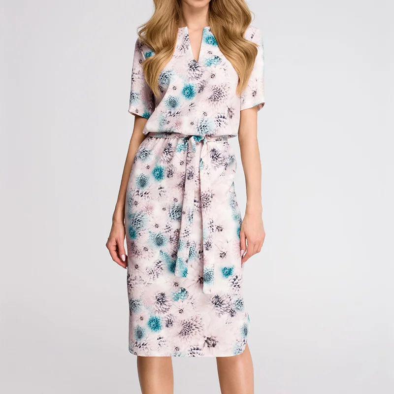 

2019 Summer Dress Women Fashion Tops Dress Flower Print Short Sleeve Clothes V-Neck Dresses Bandage Dresses Vestidos Elegant