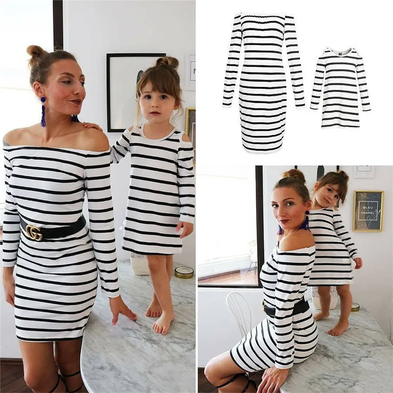 

Mother Daughter Dresses Elegant family matching clothes mommy and me Women Kids Girl Off shoulder Summer Cute Striped Dress