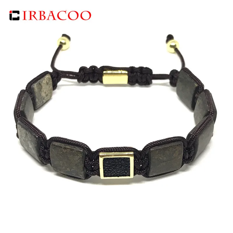 

IRBACOO Fashion Men Bracelet Gold Natural Stone Flat Red Beads Macrame Bracelet With Genuine Stingray leather Charm For Men Jewe