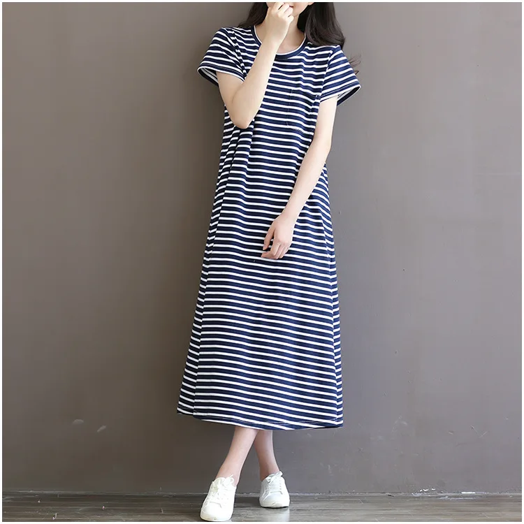 

Japan Mori Girl Summer Dress Literary Style Women Blue Stripe Long Loose Knit Cotton Dresses Female Retro Clothes