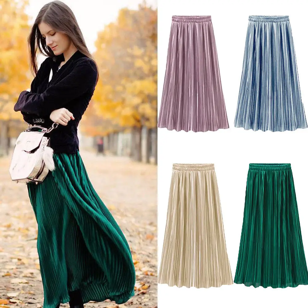 

2019 Newest Hot Women Retro Petticoat Slim Party Maxi Skirt Gilding Pleated Long Skirts